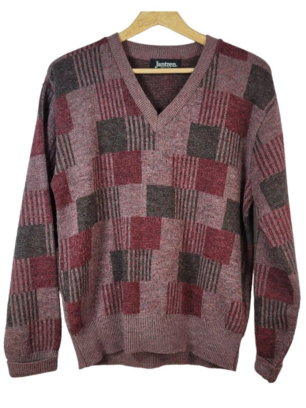Jantzen Mens Sweater Red Medium Ribbed Long Sleeve USA Wool Dadcore Grandpa VTG